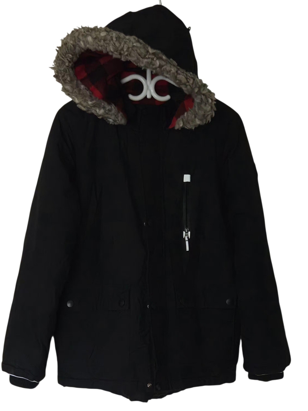 Youth Black Military-Style Hooded Field Jacket with Faux Fur Trim